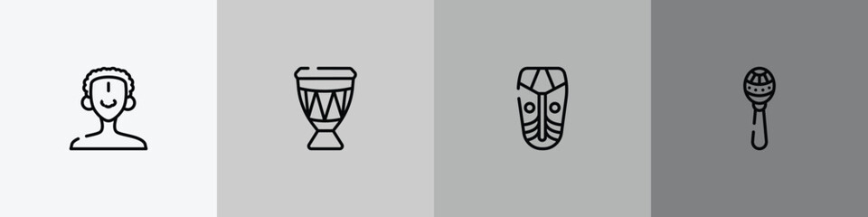 africa outline icon set featuring african man, drum, african mask, maracas icons. © VectorStockDesign