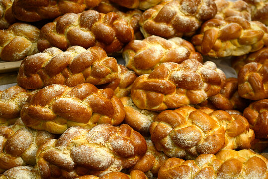Bakery products Bread production. Baker's job. Bakery products lie on a table in the self-service section of the store. 