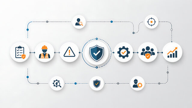 Visual flowchart infographic displaying various security icons connected in workflow for world day for safety and health at work demonstrating effective corporate risk management systems