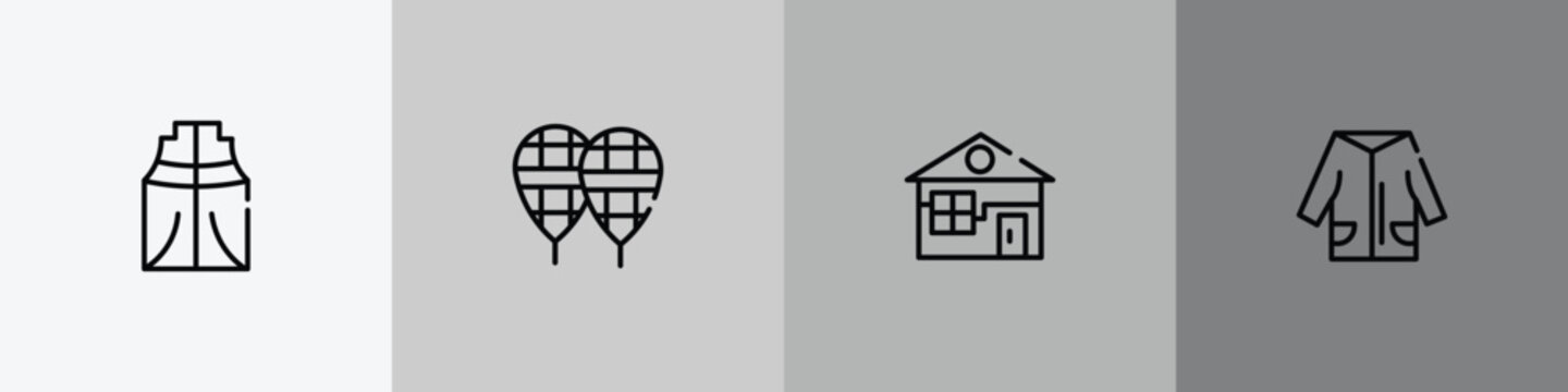 winter outline icon set featuring anorak vest, snowshoes, winter cabin, winter clothes icons.
