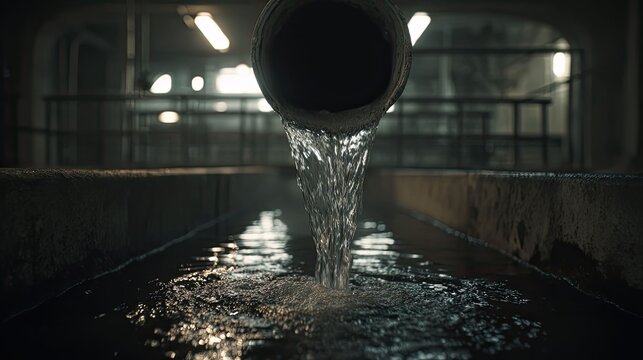 Water continuously flowing and splashing from a large pipe into an open concrete channel in a low lit industrial facility, illustrating wastewater management and treatment processes