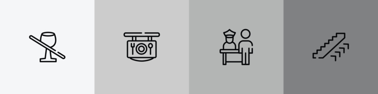 in the airport outline icon set featuring no drinks, restaurant, airport check in, ors up icons.