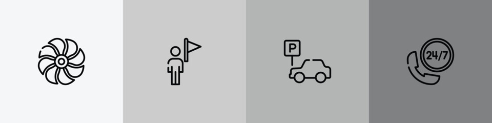 Obraz premium holidays outline icon set featuring ventilation, tourist guide, parking car, hotel phone icons.