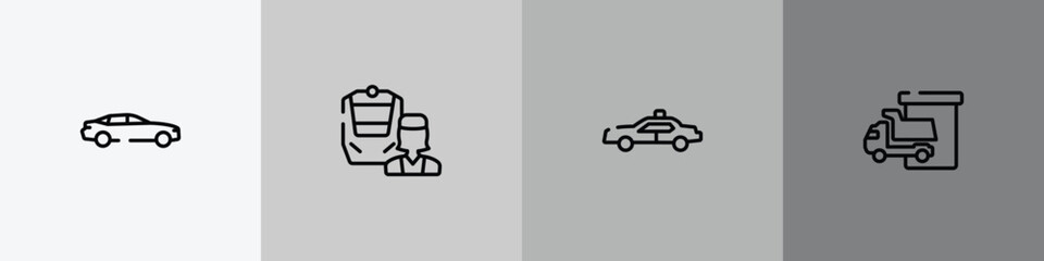 transporters outline icon set featuring car side view, train operator, police car side view, loading/unloading area icons. © VectorStockDesign