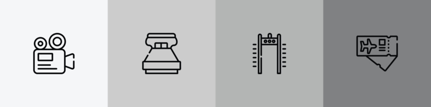 vacation outline icon set featuring camera recorder, king size, airport security portal, airplane tickets icons.