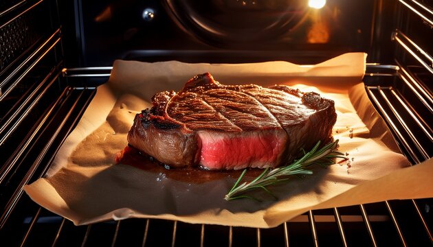 juicy steak cooking in oven on baking paper culinary delights