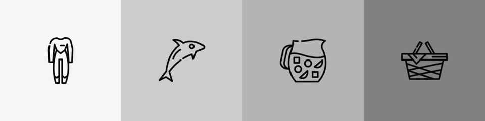 summer outline icon set featuring wetsuit, dolphin on water waves, sangria, pinic basket icons. © VectorStockDesign