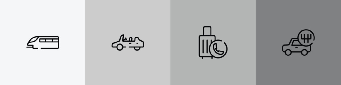 car service outline icon set featuring monorail, convertible car, final call, shift icons.
