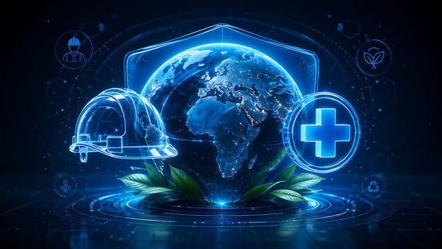 Global earth globe with hard hat and medical cross holograms celebrating world day for safety and health at work protecting our global natural environment daily