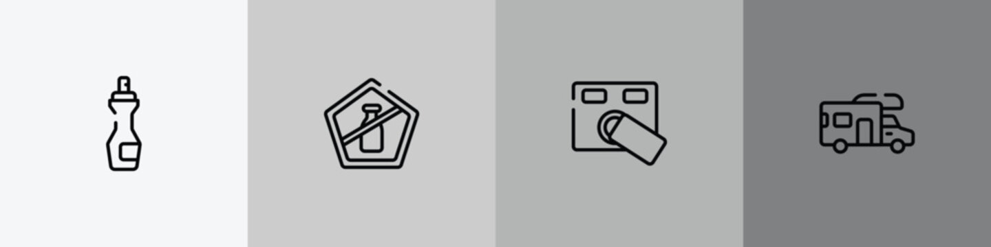 transportation outline icon set featuring insect repellent, no liquid, access control, rv icons.