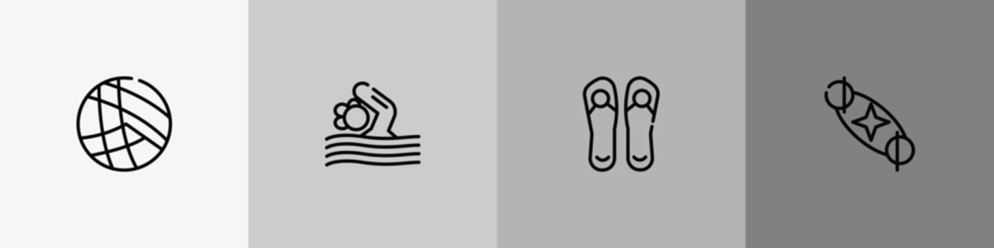 summer outline icon set featuring beach volleyball, swimming person, pair of flip flops, solstice icons.