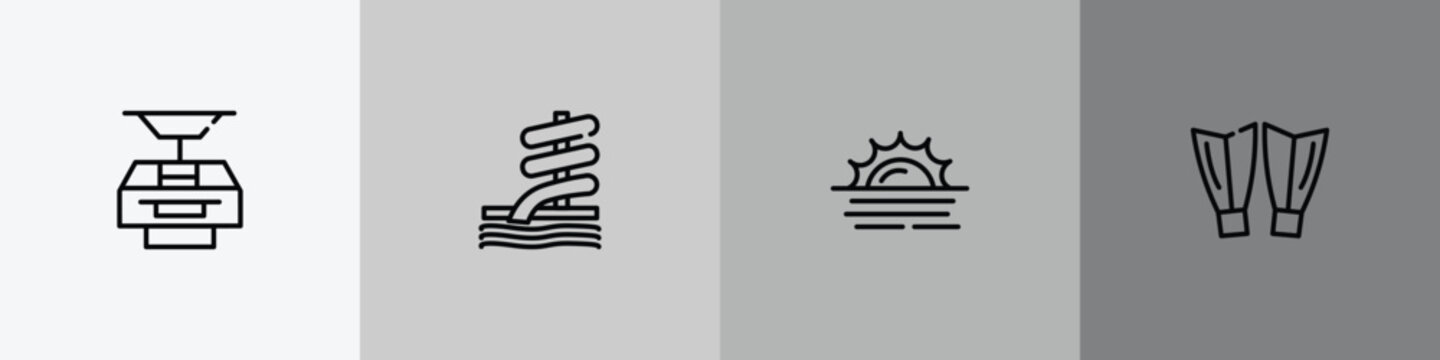summer outline icon set featuring funicular, aqua park, sun at sea, diving fins icons.