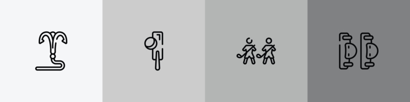 skating outline icon set featuring grappling hook, crocket, home team, elbow pads icons.
