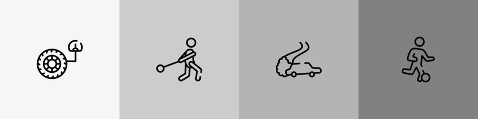 soccer outline icon set featuring tire pressure, hammer throwing, drifting, football players icons. © VectorStockDesign
