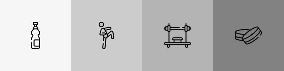 Obraz premium sports outline icon set featuring isotonic, ritual, bench press, hockey puck icons.