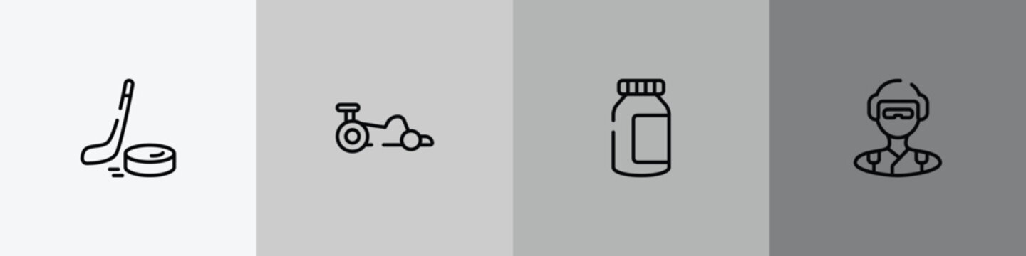 sport avatars outline icon set featuring puck, kart racing, energy bar, skydiver icons.
