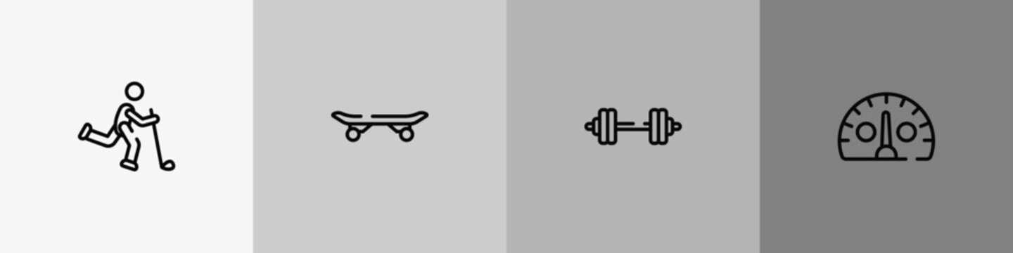 racing outline icon set featuring bowman, longboard, barbell, kmh icons.
