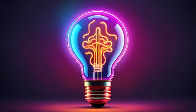 neon sign of a glowing light bulb symbolizing ideas and knowledge in trivia games with copy space