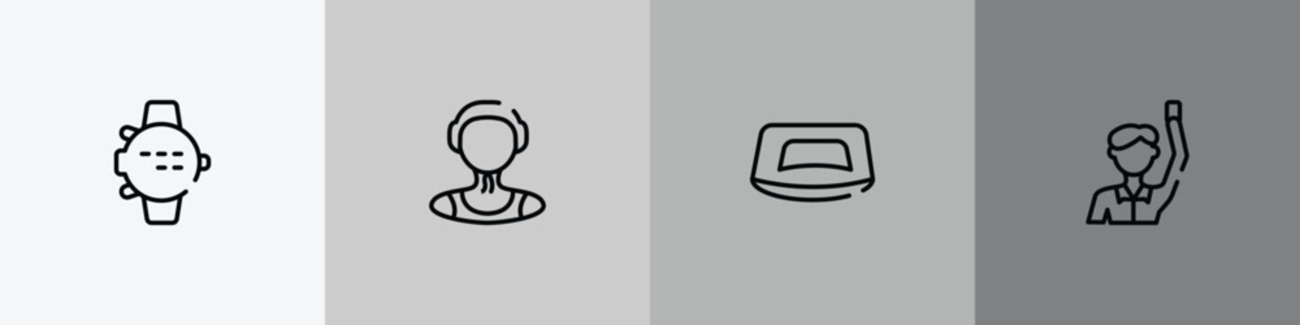 thai boxing outline icon set featuring dive computer, waterpolo player, push up, committee icons.