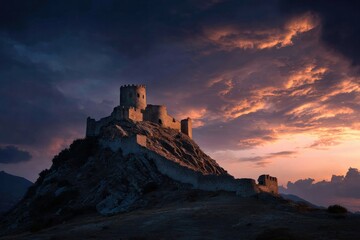 Obraz premium Medieval Castle at Sunset on a Rocky Hill