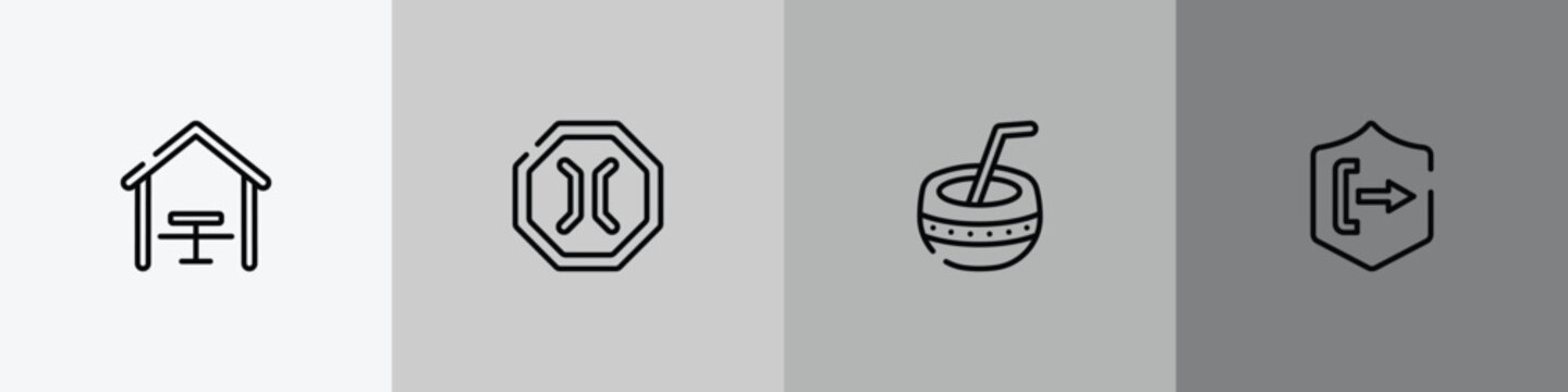 safety outline icon set featuring eatery, narrow bridge, kalabas, pull icons.