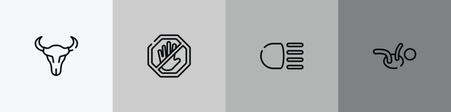 hotel signals outline icon set featuring skull of a bull, no push, high beam, childcare icons.