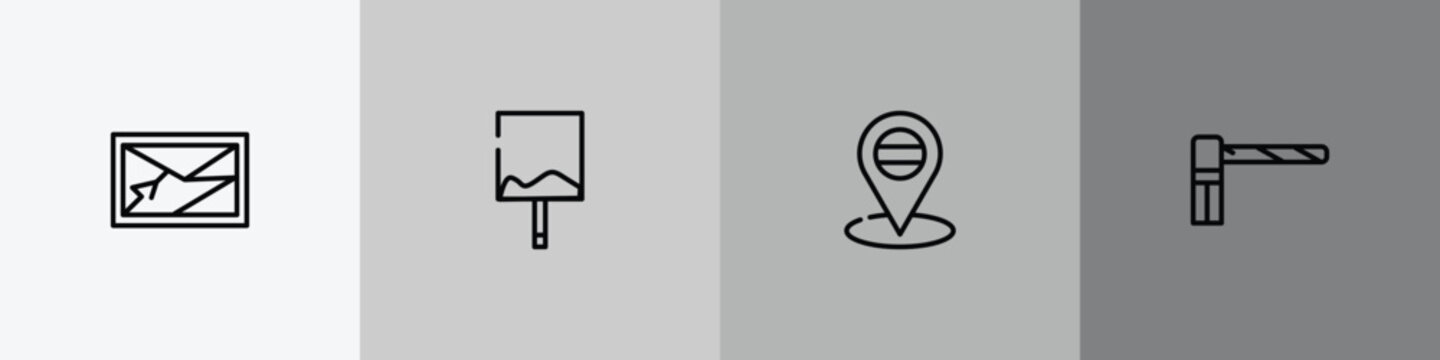 parking outline icon set featuring navigator, uneven, placeholder point, parking barrier icons.