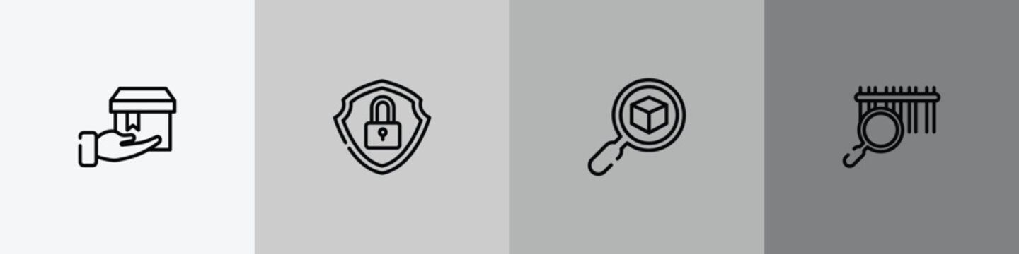 lineal logistic outline icon set featuring delivering, security, delivery search, barcode scan icons.