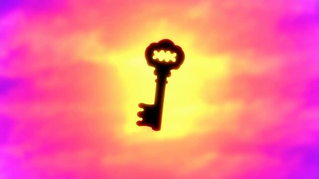 Slow motion tracking shot of vintage metal key floating and rotating against colorful cloudy sky gradient background with backlit warm glow and surreal abstract mood centered composition