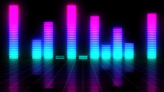 Static shot of neon audio equalizer bars pulsing and changing height on reflective tiled grid floor in dark studio with glowing pink cyan purple lights