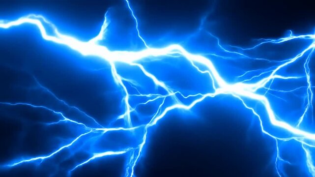 Static shot of electric lightning bolts spreading and intensifying across dark background with blue glowing plasma energy in studio setting