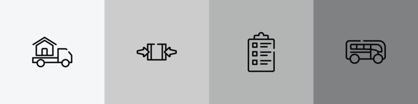 global logistic outline icon set featuring moving home, clamp as indicated, packing list, buses icons.