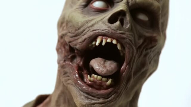 Slow motion close up of zombie head snarling and screaming with open mouth tongue and rotting teeth against white studio background for horror production