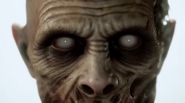 Slow push in tracking shot of zombie creature close up with decaying skin and white eyes staring into plain white studio background