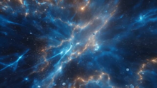 Tracking shot of glowing nebula gas clouds streaming forward through deep space with stars and particles in motion