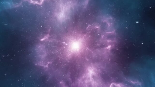 Tracking shot of nebula zooming toward bright core with streaming star streaks in deep outer space interstellar cloud