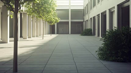 Naklejka premium Minimalist architecture defining an outdoor courtyard area, featuring a row of columns, green trees casting shadows on the tiled ground, and natural daylight illuminating the facade