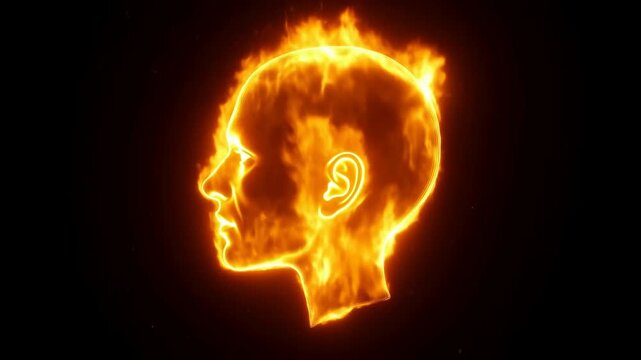 Slow motion tracking shot of flaming human head profile rotating against black background with glowing outline and rising embers