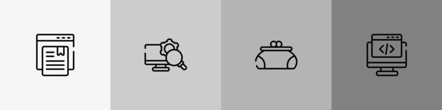 multimedia marketing outline icon set featuring bookmark service, monitoring system, women puser, webcode icons.