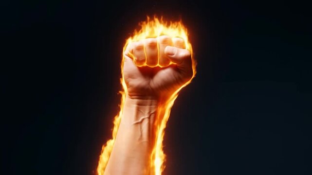 Slow motion tracking shot of clenched flaming fist rising along forearm against dark studio background with dramatic warm side lighting and glowing embers
