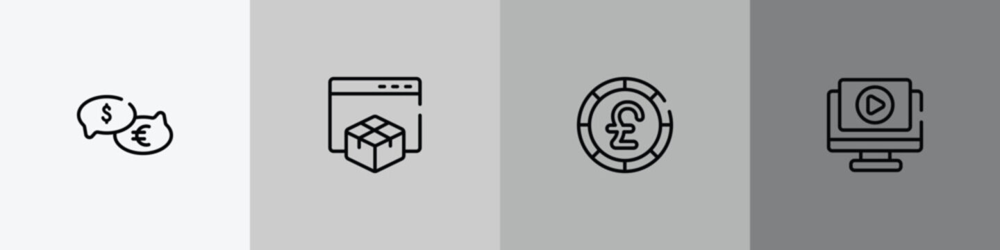 marketing and seo outline icon set featuring talking about money, web package, round pound button, play video icons.
