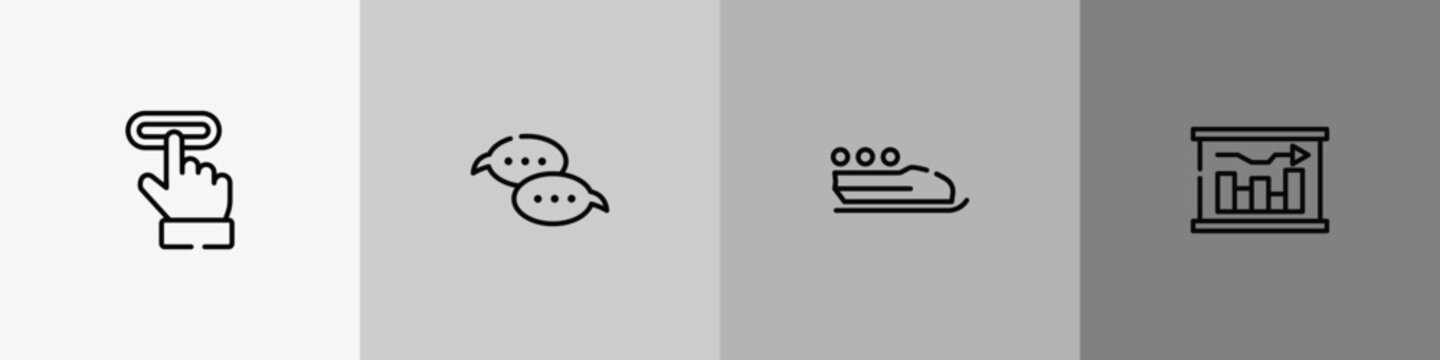 project management outline icon set featuring subscription, speech bubbles, bobsleigh, graphical report icons.