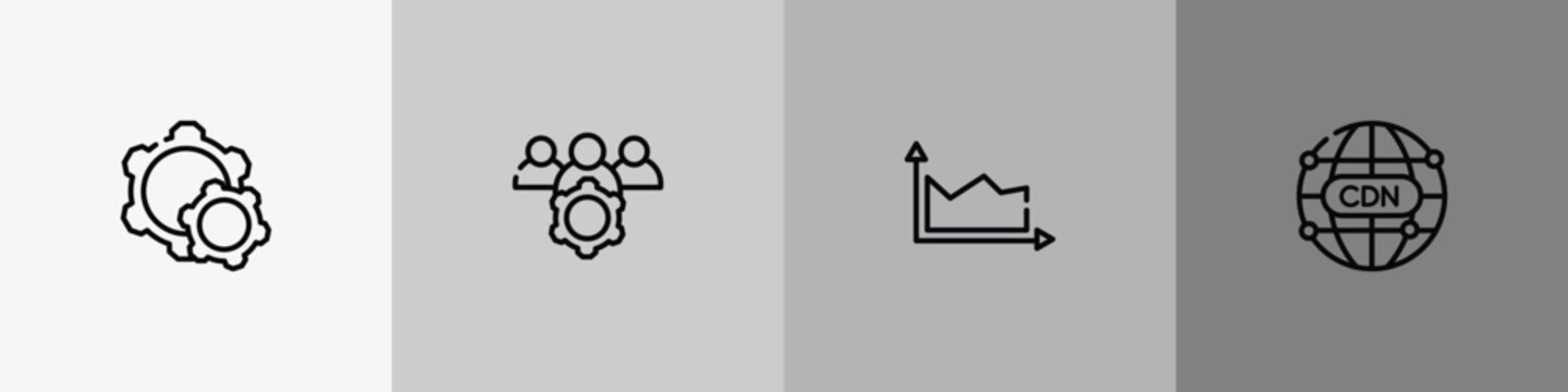seo and marketing outline icon set featuring configuration, team management, area chart, cdn icons.