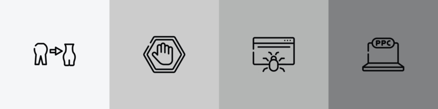 seo and marketing outline icon set featuring weight loss, ad blocker, web crawler, ppc icons.