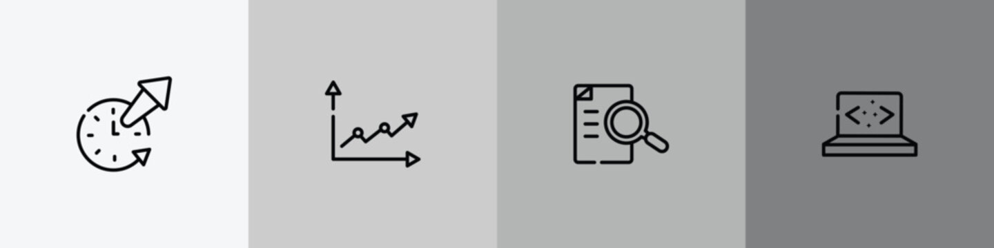 marketing & seo outline icon set featuring time out, line graph, defining, clean code icons.