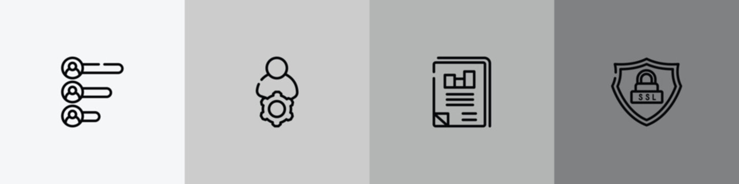 seo and marketing outline icon set featuring voting results, administrator, business journal, ssl icons.