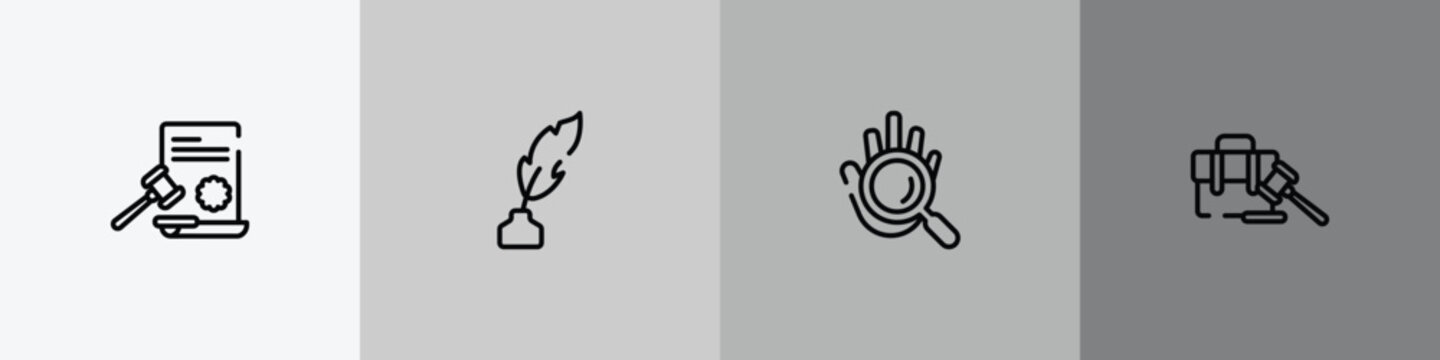 law and justice outline icon set featuring law paper, feather pen, evidence, employment icons.