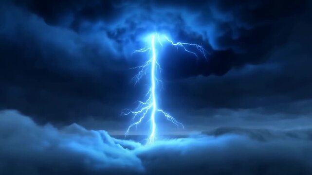 Slow motion static vertical shot of lightning bolt striking through thunderclouds above dense cloud layer over horizon