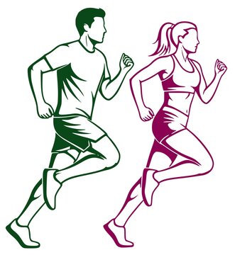Stylized vector illustration of a man and woman running side by side. Male and female athletes jogging, fitness and active lifestyle concept graphic.