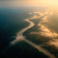 Fototapeta premium Aerial View of Amazon River Bend in Untouched Rainforest at Dawn with Golden Mist
